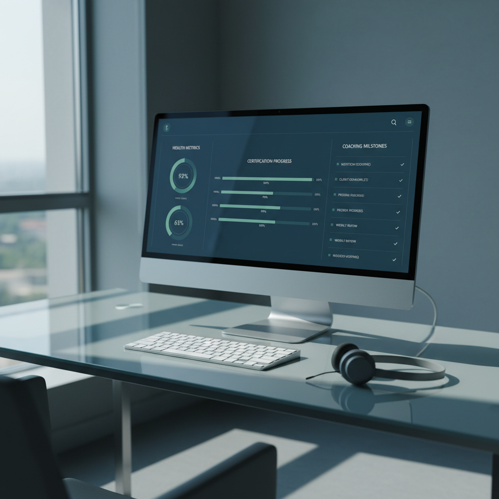 An elegant, glass-topped workstation displaying a large, ultra-thin monitor with a detailed dashboard of health metrics, certification progress bars, and structured coaching milestones in refined blues and muted greens. A brushed aluminum keyboard and minimalist wireless headset sit symmetrically below. Cool, diffused daylight from a side window illuminates the reflective glass surface, creating crisp yet subtle shadows. The composition follows the rule of thirds from an eye-level perspective, with the monitor as the focal point and the edges softly blurred. The mood is calm, analytical, and highly professional, with a photographic, modern aesthetic that suggests data-driven health and certification coaching.