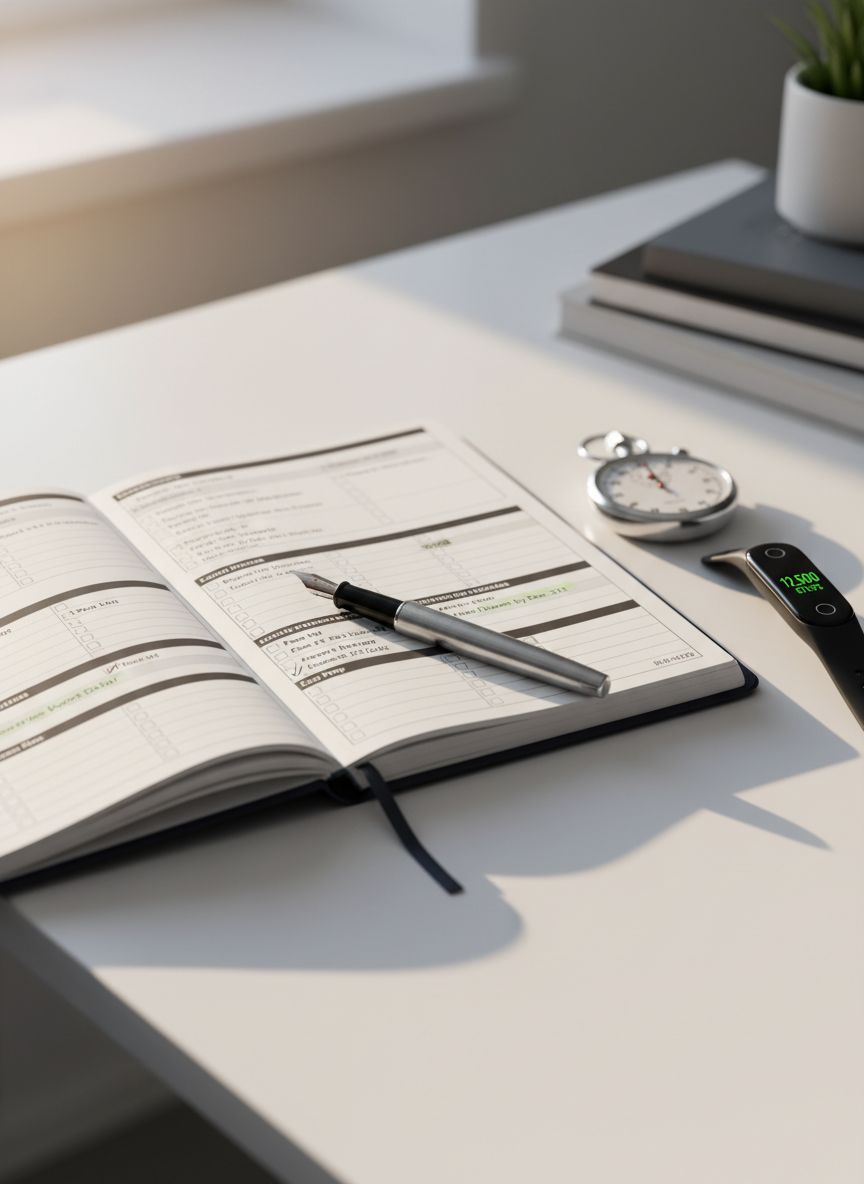 A sleek, matte-finish dark navy planner open on a clean white desk, its pages filled with structured health tracking charts, certification study schedules, and neatly highlighted goals. A finely textured silver fountain pen rests diagonally across the page, next to a minimalist chrome stopwatch and a slim digital health tracker band. Soft morning light from an unseen window grazes the scene, creating refined shadows and subtle reflections on the metallic surfaces. Shot at a slightly elevated, eye-level angle with shallow depth of field, the background fades into a blurred, sophisticated workspace of cool grays and whites. The photographic realism emphasizes clarity, precision, and professional coaching for certification and health management.
