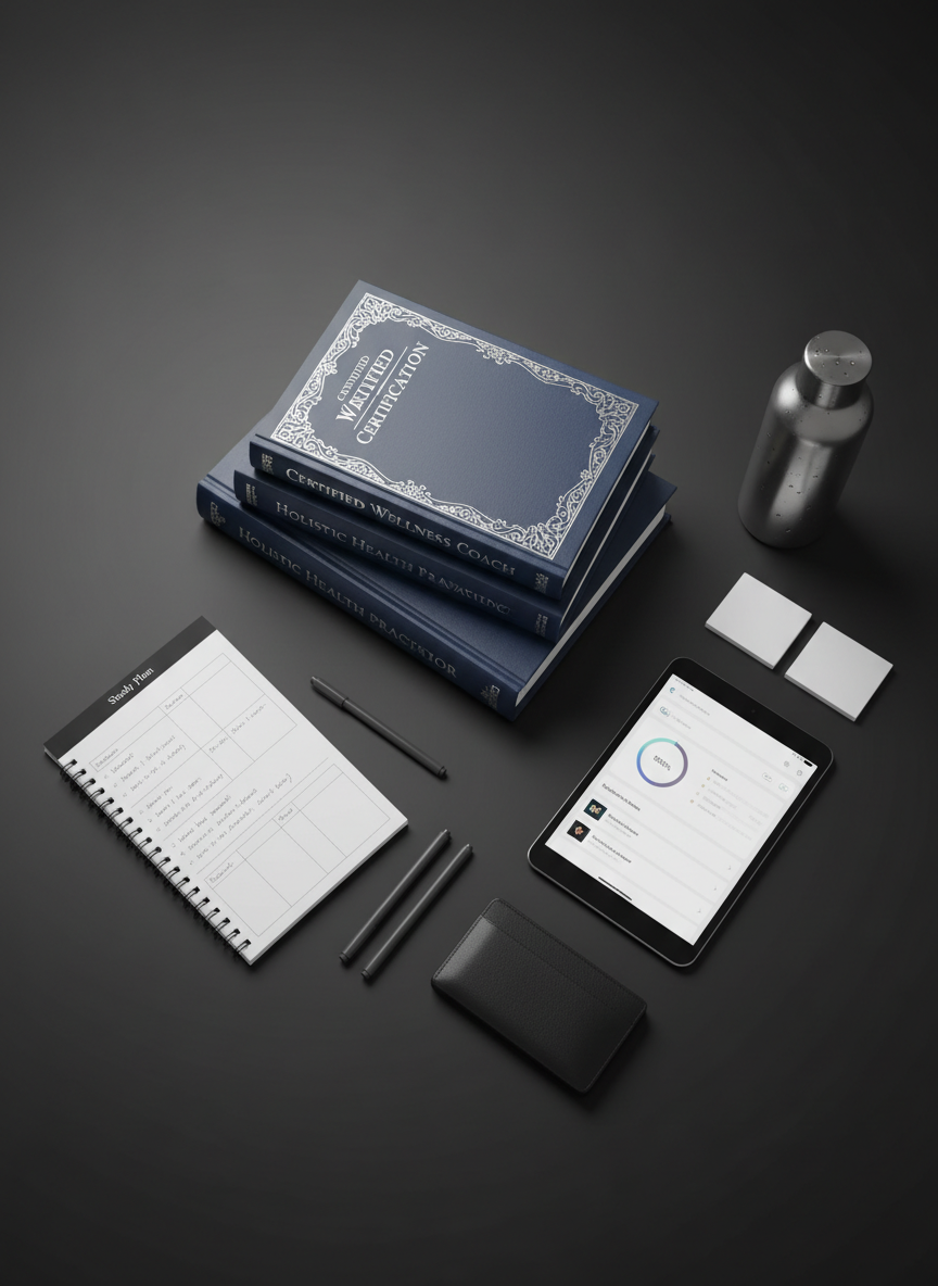 A precisely arranged flat lay on a smooth charcoal-gray surface featuring a stack of high-quality certification textbooks with embossed silver titles, a slim graphite notebook open to a structured study plan, and a sleek digital tablet displaying a health coaching app interface. A stainless steel water bottle with a soft satin finish stands upright, beads of condensation gently visible. Overhead, diffused studio lighting casts even, sophisticated illumination, producing gentle vignetting around the edges. Shot directly from above with sharp focus throughout, the photographic image has a calm, disciplined atmosphere, conveying organized, professional support for both exam preparation and personal health management.