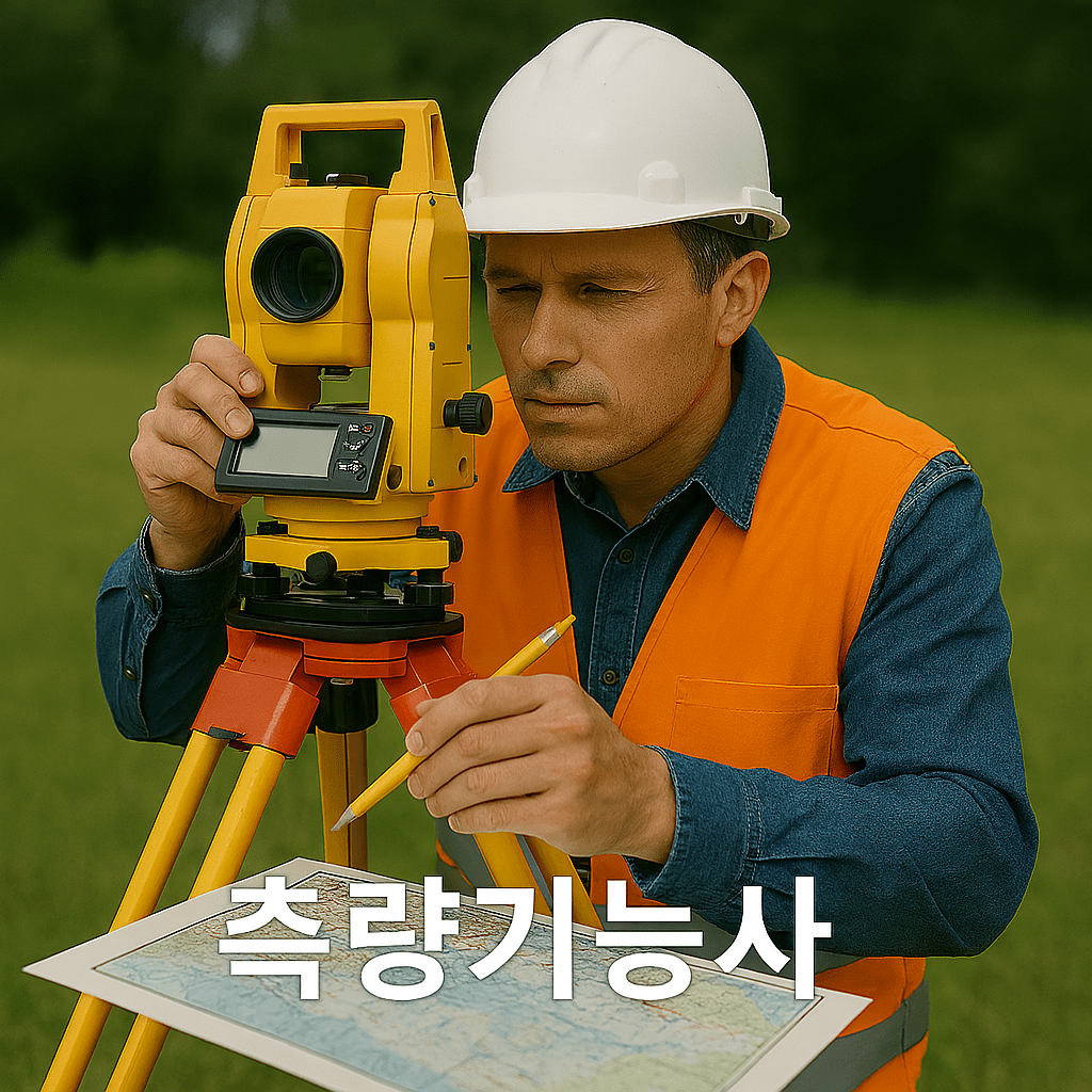 야외에서 측량기를 사용하여 측량하는 남성. 노란색 안전 조끼와 헬멧을 착용.