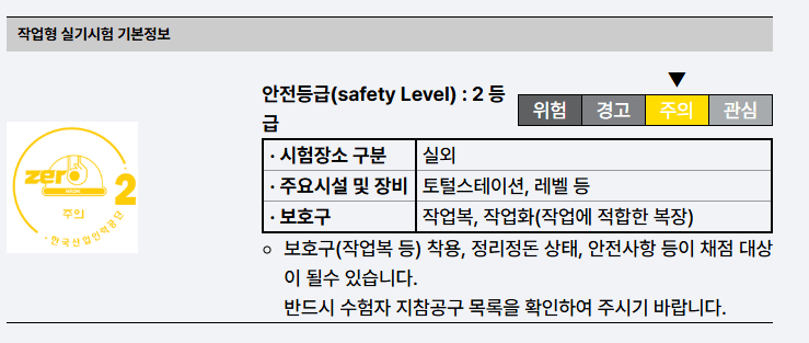 작업형 실기시험 기본정보와 안전등급 2등급에 대한 내용을 포함한 표기물