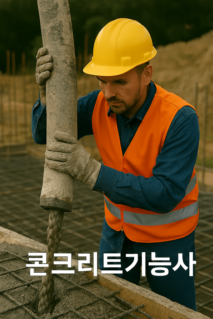 콘크리트를 타설하는 건설 근로자, 헬멧과 안전 조끼 착용, 공사 현장 배경