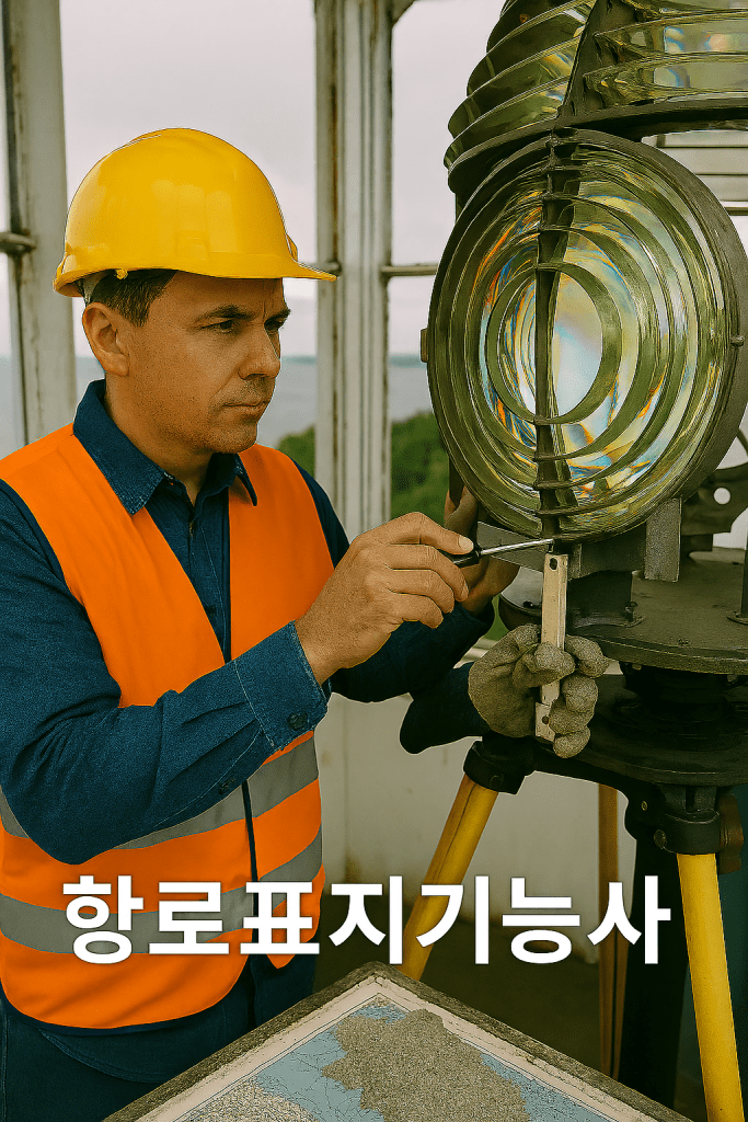 등대에서 항로 표지를 점검하는 작업자