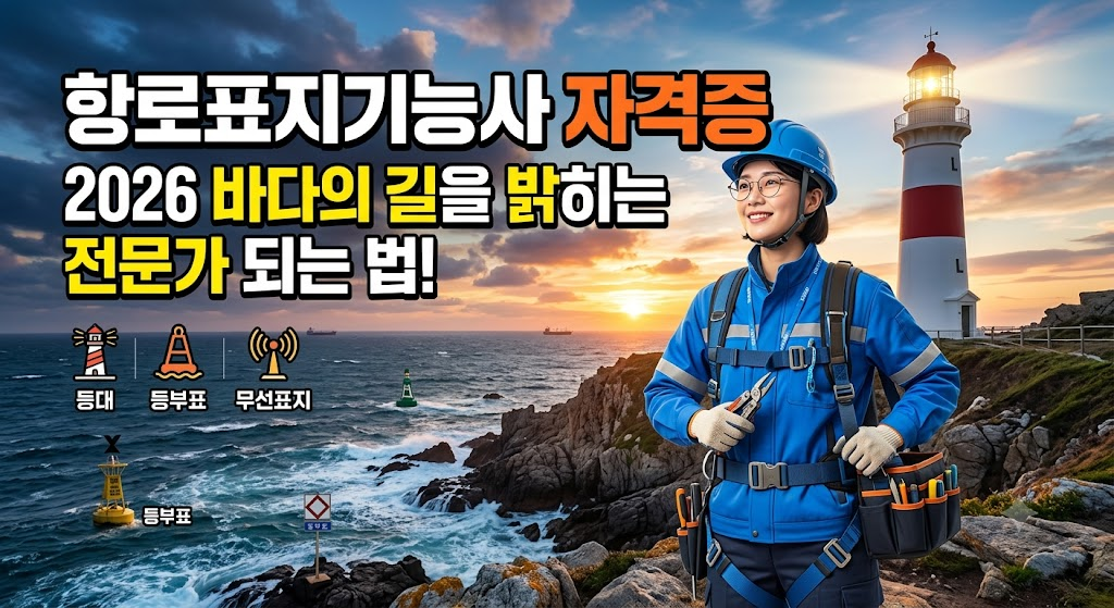 해안과 등대 배경에서 작업복을 입고 도구를 들고 있는 여성, 항로 표시 기능사 자격증과 2026 바다 전문 지식을 강조하는 배너가 포함된 이미지