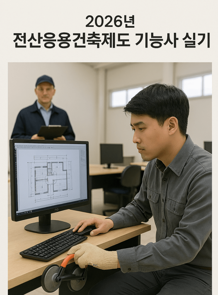 2026년 전산응용건축제도 기능사 실기를 수행 중인 남성, 컴퓨터 화면에 건축 도면을 모니터링하며 작업하고 있음.