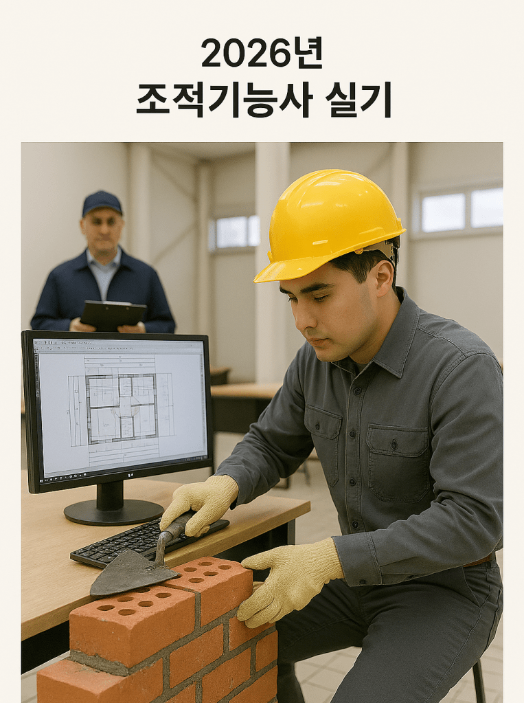 2026년 조적기능사 실기를 진행하는 남성, 노란 헬멧과 장갑 착용, 벽돌 쌓기 시연 중.
