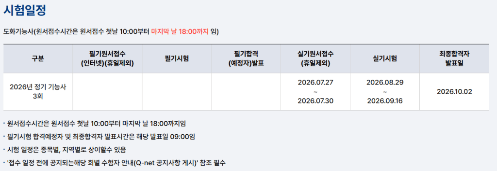2026년 정기 기능사 시험 일정 표, 필기 원서 접수, 필기 시험, 실기 원서 접수, 실기 시험 및 최종 합격자 발표일 포함