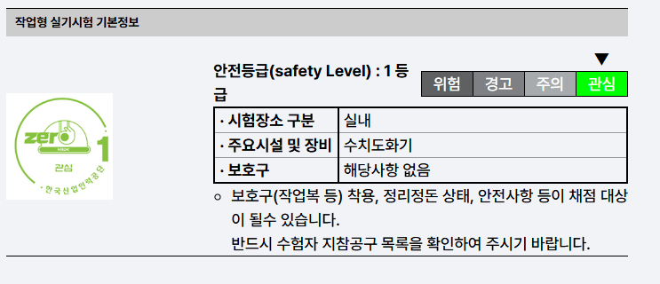 안전등급 1등급에 대한 설명이 포함된 작업형 실기시험 정보 이미지. 시험장소는 실내이고, 주요 시설 및 장비는 수치도화기이며, 위험이 없음을 나타냄.