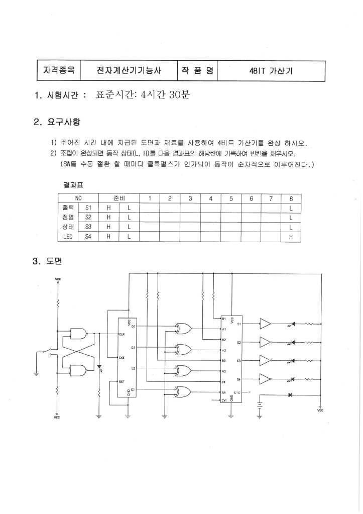 4비트 가산기에 대한 전자기기 기능사 시험 지침과 요구 사항을 설명한 문서입니다. 시험 시간과 결과 표, 회로도 등이 포함되어 있습니다.