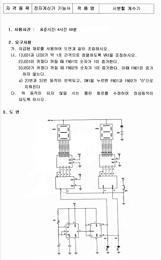 전자 계산기 기능 시험에 대한 지침과 회로도, LED 및 스위치 사용 방법 설명.