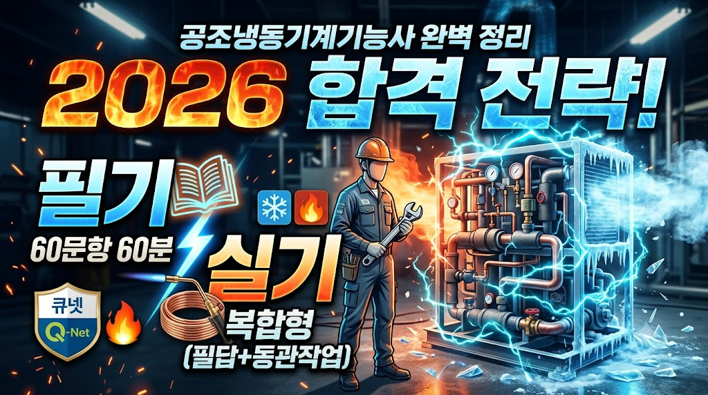 2026 공조냉동기계기능사 완벽 정리 포스터, 필기와 실기 정보 포함