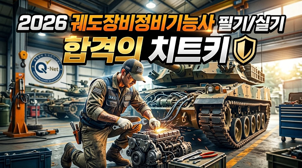 군사 장비 점검 중인 기술자가 기계 부품을 수리하는 모습. 배경에는 탱크와 작업 공간이 보임.