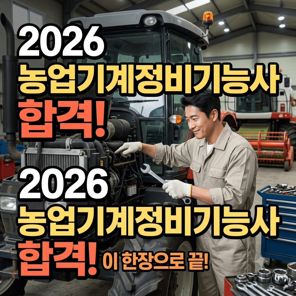 농업기계정비기능사 자격을 준비하는 남성, 트랙터 엔진을 점검하며 스패너를 들고 있는 모습