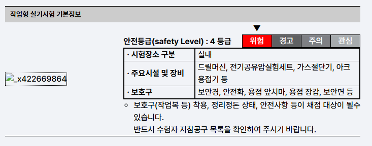 작업형 실기시험 기본정보와 안전등급을 보여주는 표, 안전등급 4등급, 위험, 경고, 주의, 관심에 대한 내용 포함