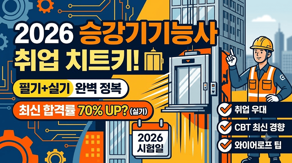 2026 승강기기능사 취업 정보를 제공하는 포스터로, 필기와 실기 완벽 정복을 목표로 하며 최신 합격률이 70% 상승한 내용을 담고 있다.