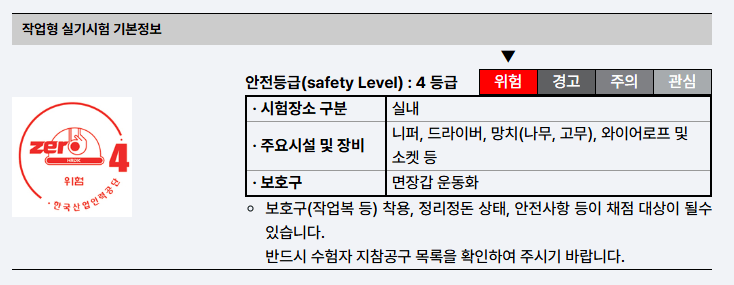 작업형 실기시험 기본정보와 안전등급 4급에 대한 안내. 주요시설 및 장비, 보호구에 대한 설명이 포함됨.
