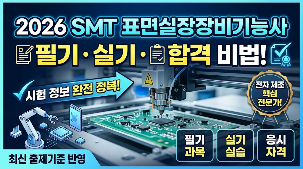 2026 SMT 표면 실장 장비 기능사 시험 정보를 다룬 이미지로, 필기, 실기, 합격 비법을 강조하며 전자 제조 전문성을 언급하고 있음. 배경에는 PCB와 기계 부품 이미지가 포함되어 있음.