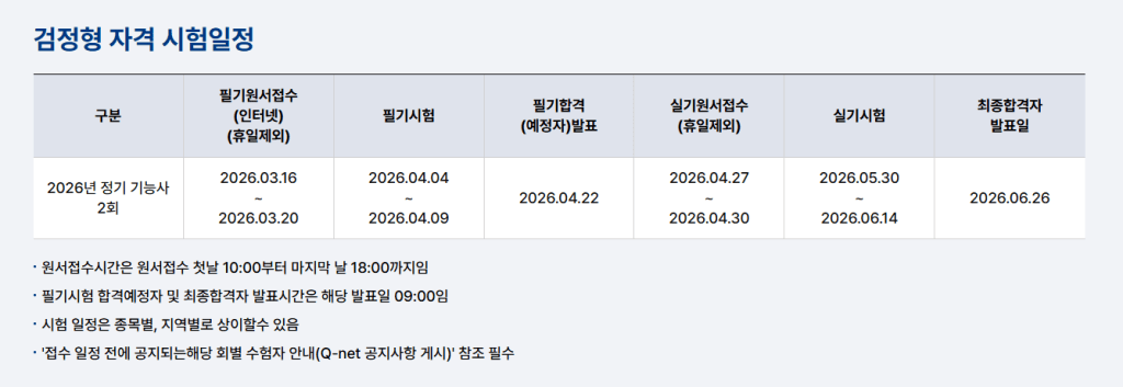 2026년 정기 기능사 2회 시험 일정 안내 표