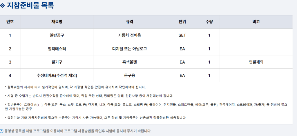 지참준비물 목록으로, 항목 번호, 재료명, 규격, 단위, 수량, 비고 등의 정보가 포함된 표