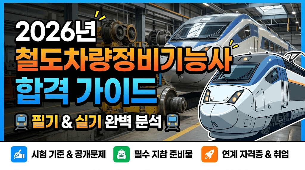 2026년 철도차량정비기능사 합격 가이드 이미지, 기차와 관련된 정보 제공.