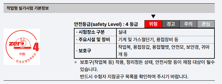 작업형 실기시험 기본정보 문서로, 안전등급 4급에 대한 설명과 관련 장비 및 보호구에 대한 정보가 포함되어 있습니다.