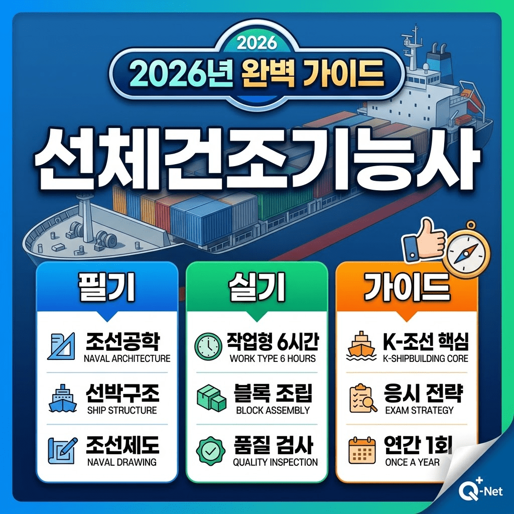 2026년 선체건조기능사 가이드 이미지, 해양 구조물과 관련된 정보가 포함되어 있음.