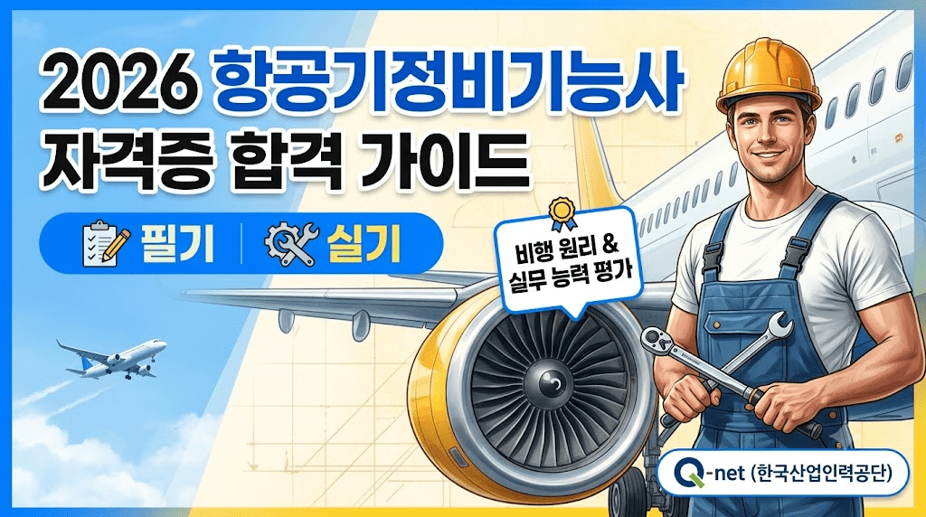 2026 항공기정비기능사 자격증 합격 가이드 이미지로, 비행기와 엔진이 배경에 있으며, 작업복을 입은 남성이 공구를 들고 웃고 있는 모습이 포함되어 있다.