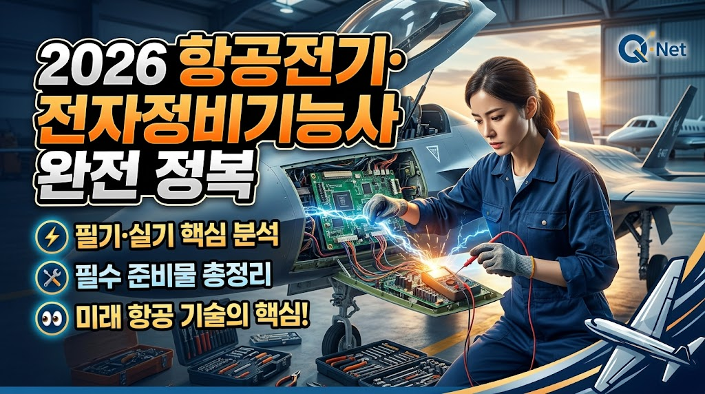 2026 항공전자 전자정비기능사 관련 이미지로, 비행기 기체에서 전자 회로를 수리하는 여성 기술자의 모습이 담겨 있습니다. 배경에는 항공기가 보이며, 전선과 도구들이 주변에 배치되어 있습니다.