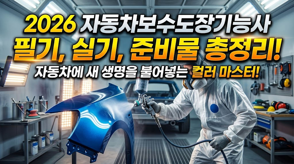 2026 자동차 보수 도장 기술자의 작업 모습을 담은 이미지로, 푸른색 자동차 패널에 페인트를 칠하고 있는 모습.