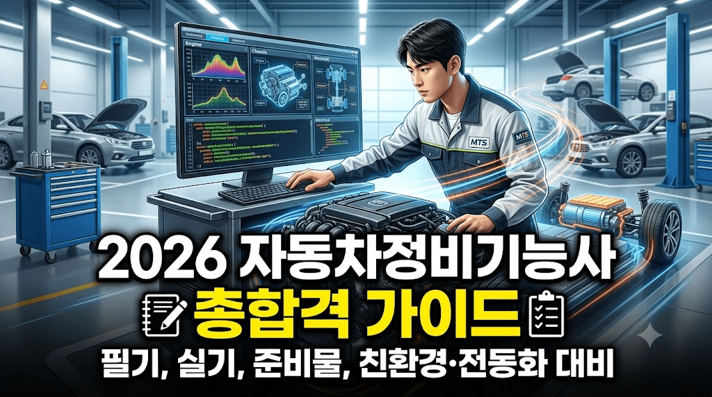 자동차 정비사가 컴퓨터에서 데이터 분석을 수행하며, 자동차 정비소에서 작업하는 모습.