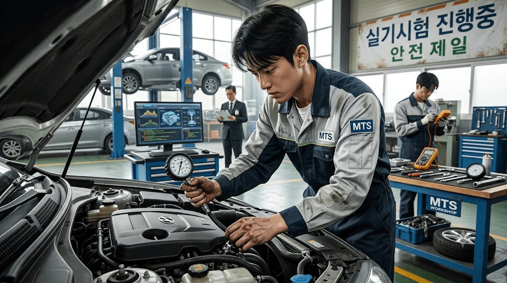자동차 정비소에서 차량의 엔진을 점검하고 있는 정비사, 모니터에 차량 데이터가 표시됨.