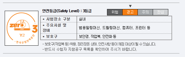 안전등급 3급을 나타내는 정보가 포함된 표, 시험장소, 주요시설 및 장비 목록, 보호구 사용에 대한 안내가 있음.