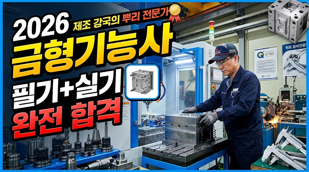 2026 금형 기능사 관련 이미지, 작업 중인 기술자의 모습과 기계가 보이는 사진