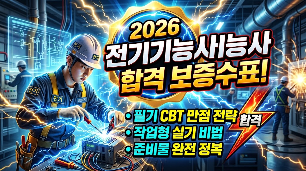 2026 전기기능사 합격 보증수표 광고 이미지, 전기 작업을 하는 기술자가 전기를 다루고 있는 모습이 강조됨.