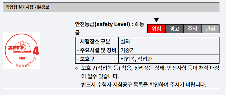 안전 등급 4등급에 대한 정보가 포함된 문서, 실외에서의 시험 장소와 주요 시설 및 장비 목록, 보호구 착용 필요성이 설명됨.