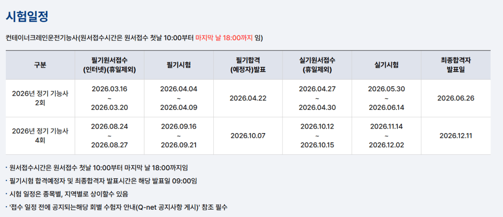 2026년 시험 일정 표, 필기시험 및 실기시험 일정 포함
