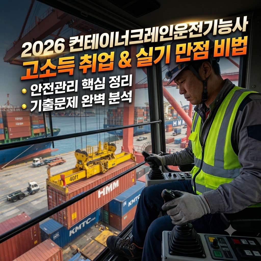 항구에서 컨테이너 크레인을 조작하는 작업자의 모습으로, 배경에 여러 개의 컨테이너와 크레인이 보인다.
