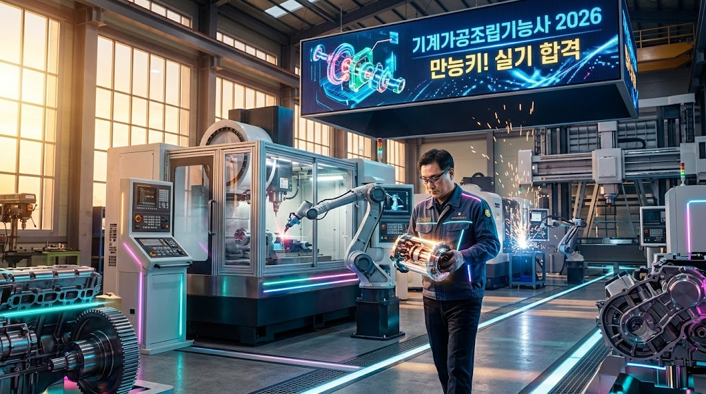 최첨단 공장 환경에서 로봇과 기계가 작동 중인 모습. 남성이 엔진 부품을 들고 있으며, 배경에는 디지털 스크린과 다양한 기계 장비가 있음.