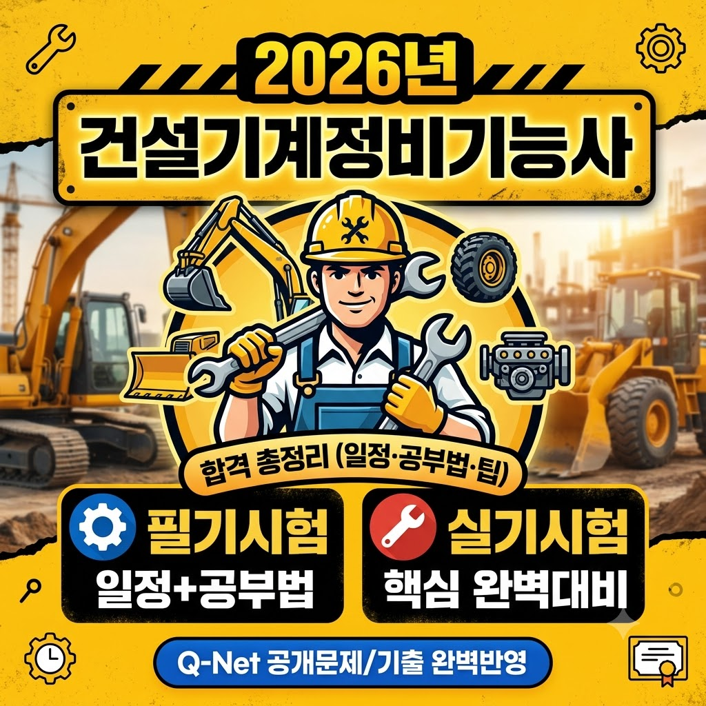 2026년 건설기계정비기능사 시험 안내 포스터. 작업복을 입은 남성이 공구를 들고 있으며, 배경에 건설 기계가 보인다. 시험 정보와 준비사항이 포함되어 있다.