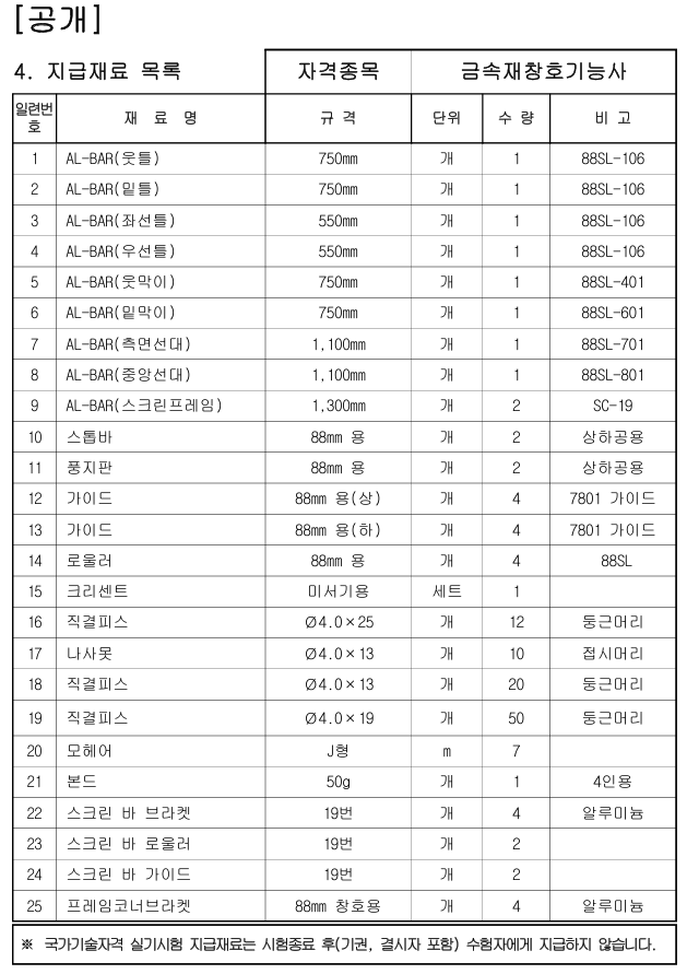 자재 목록과 규격, 수량 및 비고가 포함된 표