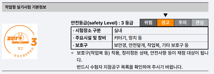 작업형 실기시험 안전 등급 설명서, 3등급 안전 수준, 시험장소 및 장비 정보 포함.
