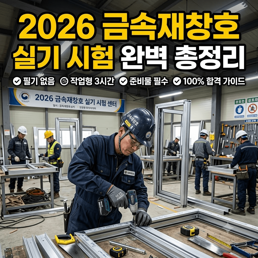 2026 금속재창호 실기 시험 현장, 작업 중인 여러 명의 기술자들.
