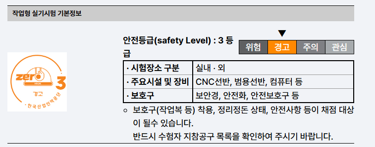 안전등급 3등급에 대한 정보, 시험장소, 주요시설 및 장비, 보호구 착용 등 안내가 포함된 표.