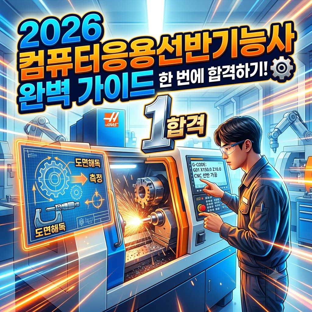 2026 컴퓨터 응용 선반 기능사 완벽 가이드 관련 이미지로, 기계 조작을 하고 있는 인물과 가공 중인 선반, 기술 도면이 포함되어 있음.