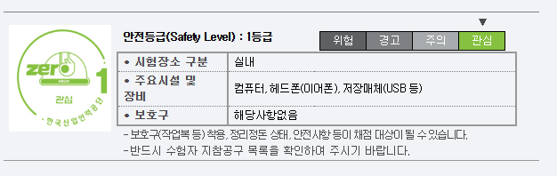 안전 등급 및 각종 장비와 요구 사항을 설명하는 표
